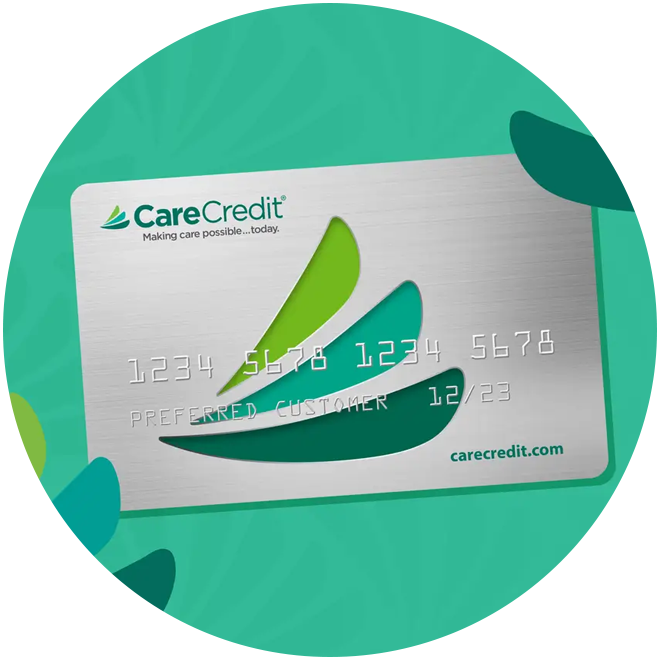 CareCredit card displayed against teal circular background for pediatric dental payment options.