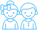 Two smiling children with light blue outline style illustration representing pediatric dental care.