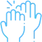 Multiple hands raised together in a circle, symbolizing teamwork, support, and community care.